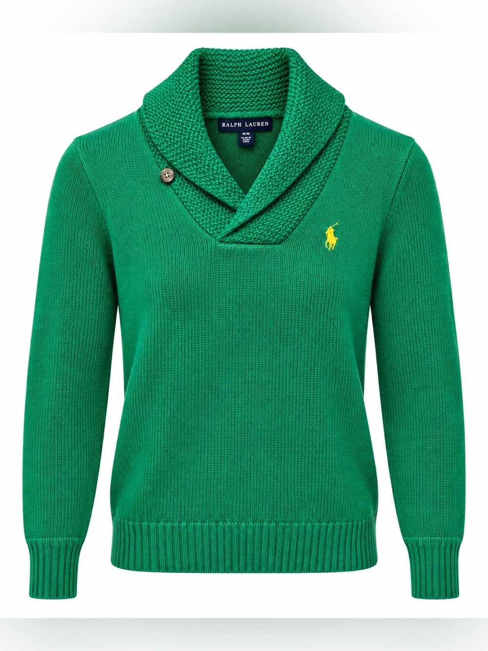 Ralph Lauren Shawl Collar Cotton Sweater Green Pony Logo Size M